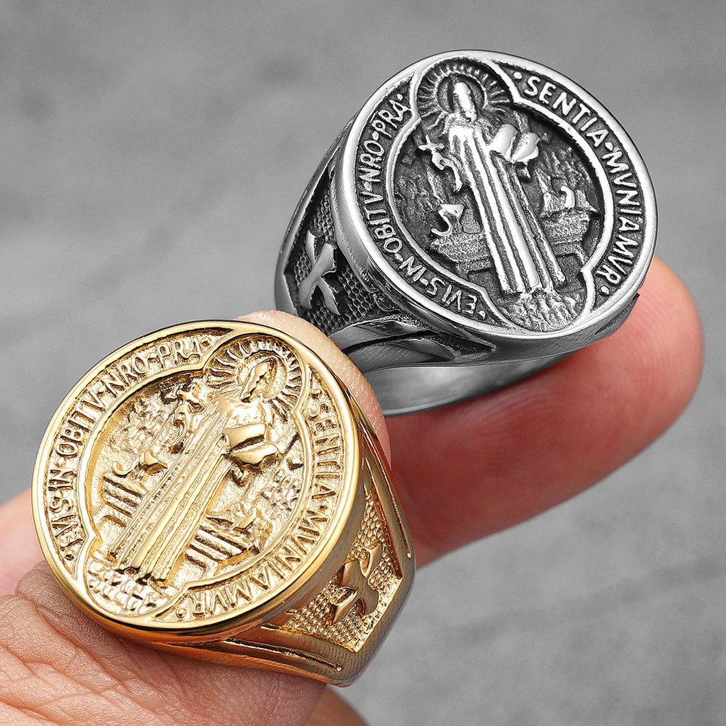 St.Michael St.Benedict Exorcism Powerful Talismans Stainless Steel Men Rings Punk New In For Male Women Fashion Jewelry