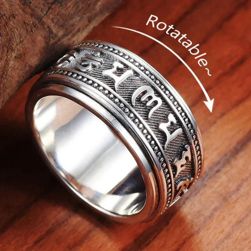 925 Thai Silver Craft Mens Rings Rotable Stereoscopic Embossed Design Vintage Glossy Six-character Mantra Domineering Jewelry