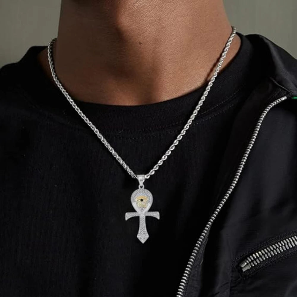 Iced Out Ankh Eye of Horus Pendant Necklace