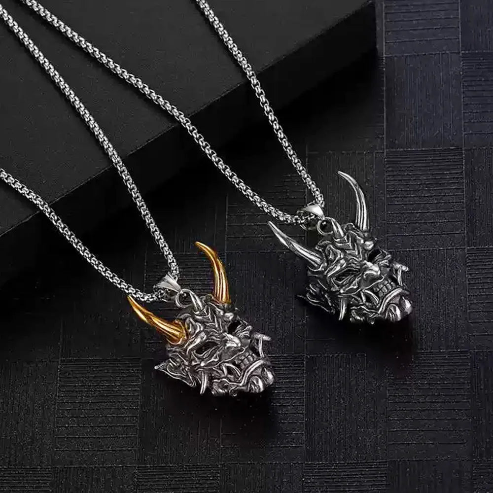 Two Color Golden Horn Demon Warrior Mask Pendant Stainless Steel Long Necklace Retro Punk Accessory For Men Women