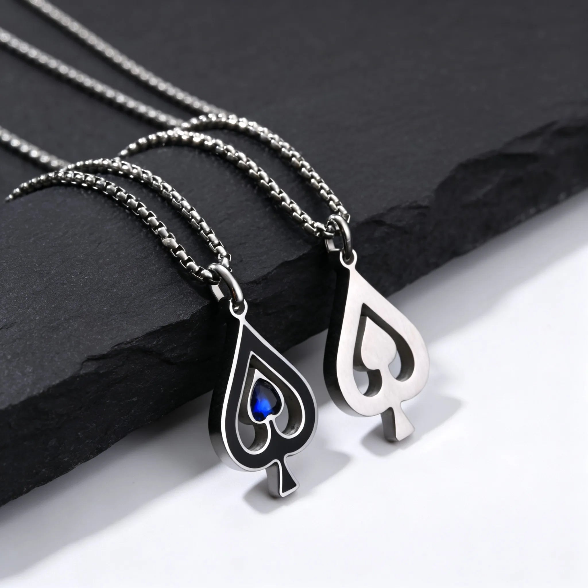 Ace of Spades Necklace for Men,Blue Stone Stainless Steel Spade A Pendant Necklace,Hip Hop Punk Rocker Jewelry Gift