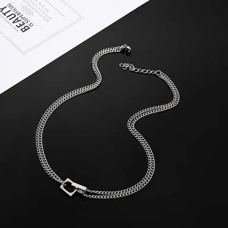 Hip Hop Double Lock Pendant Necklace For Man Woman Non-Fading Titanium Steel Choker Clavicle Chain Kpop Couple Jewelry