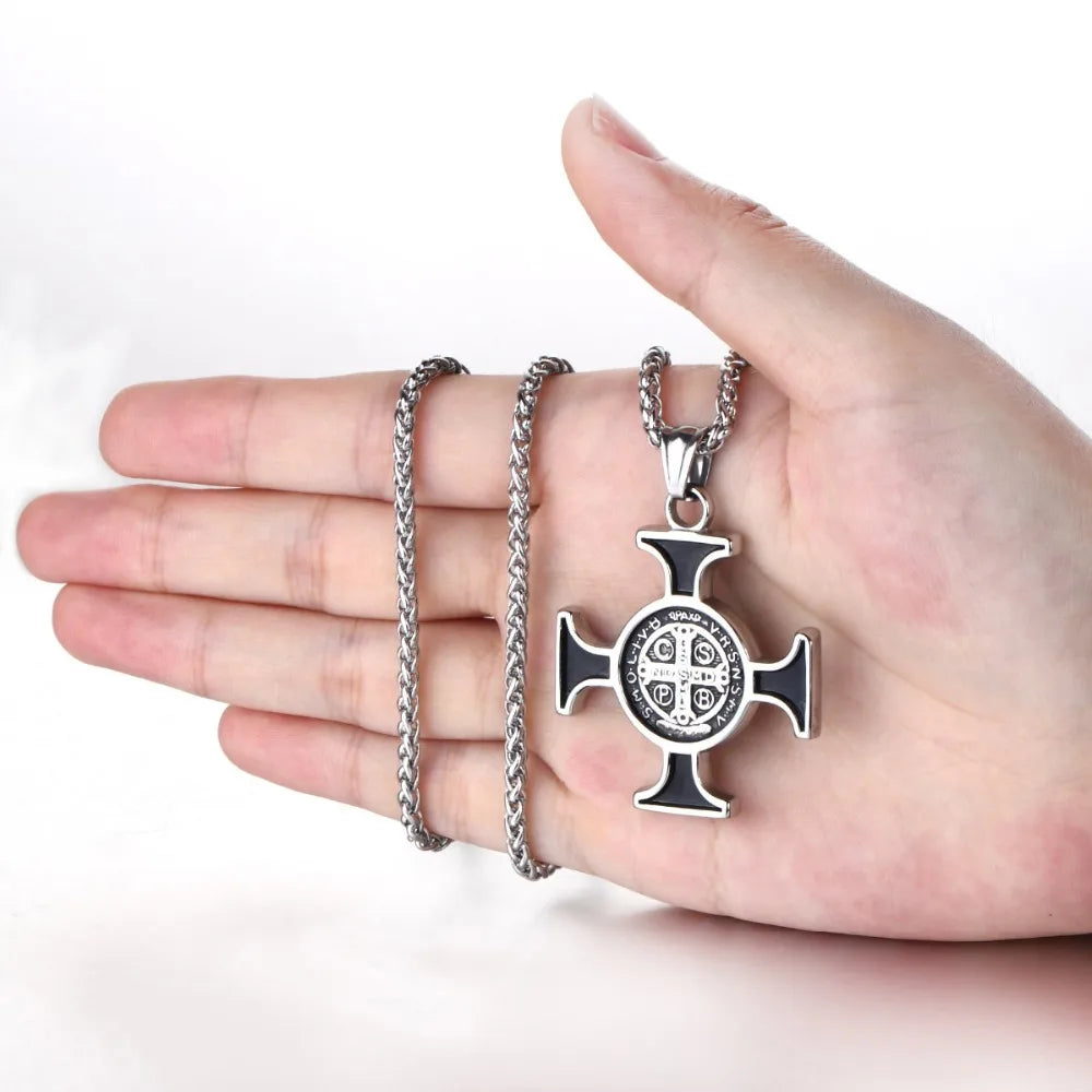 St. Benedict Exorcism Cross Pendant Necklace — Stainless Steel