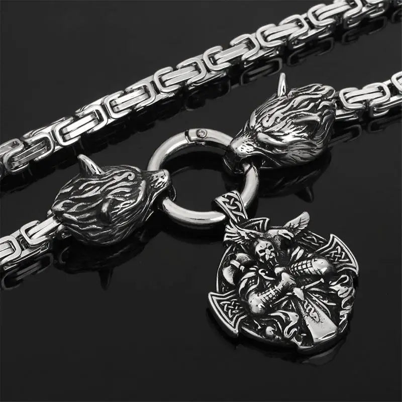 Wolf Head Snake Head Men's Stainless Steel Pendant King Chain Necklace, Nordic Viking Retro Scandinavian Amulet Jewelry