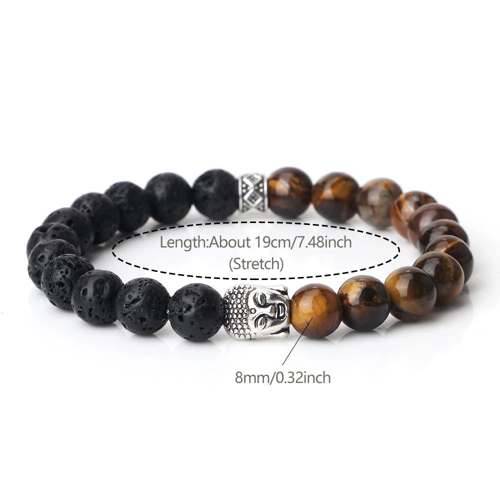 Tibetan Buddha Head Bracelets 8MM Natural Stone Tiger Eye Lava Beads Bangles For Women Men Fashion Couple Prayer