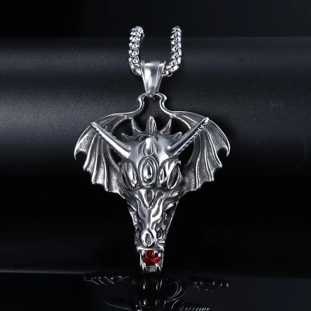 New Personality Trend Necklace Red Drill Wing Dragon Head Style Pendant Stainless Steel Titanium Steel Men's Holiday