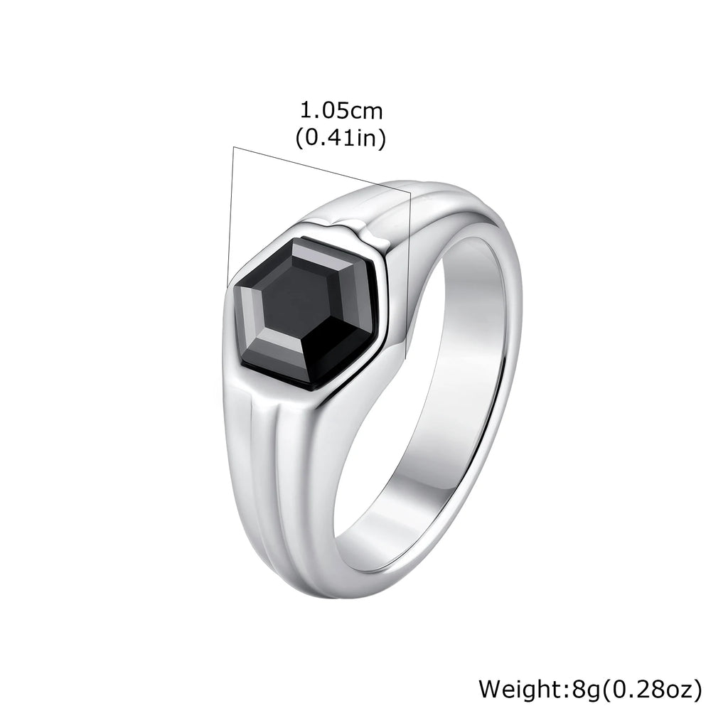 Stylish Black Stone Signet Ring for Men,Stainless Steel Geometric Zircon Band,New Punk Statement Jewelry Gift