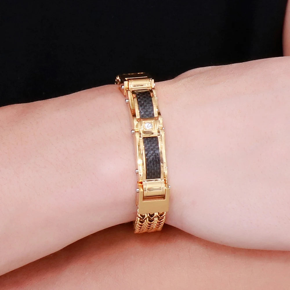 Classical Men Bracelet 12MM Width Black Gold Color Stainless Steel Men's Chain Bracelets With CZ Magnet Clasp 3 Size