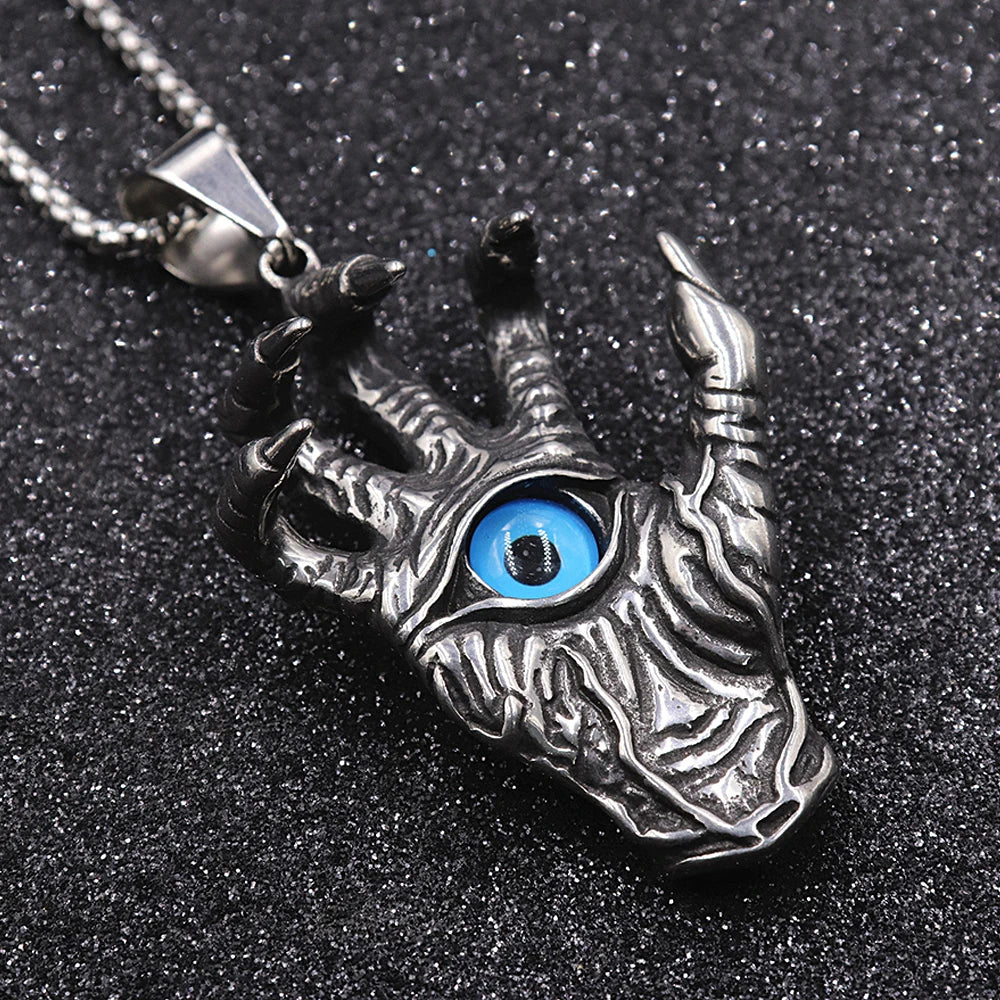 Vintage Skull Hand Demon Eye Necklace Pendant Men's Punk Biker Stainless Steel Hell's Eye Pendant Fashion Men Chain