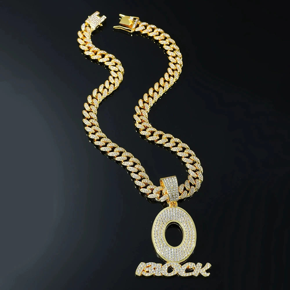 Trendy Hip Hop Letter Charm Letter O Block Pendant Necklace For Women Men Bling Iced Out Cuban Chain Necklaces Charm