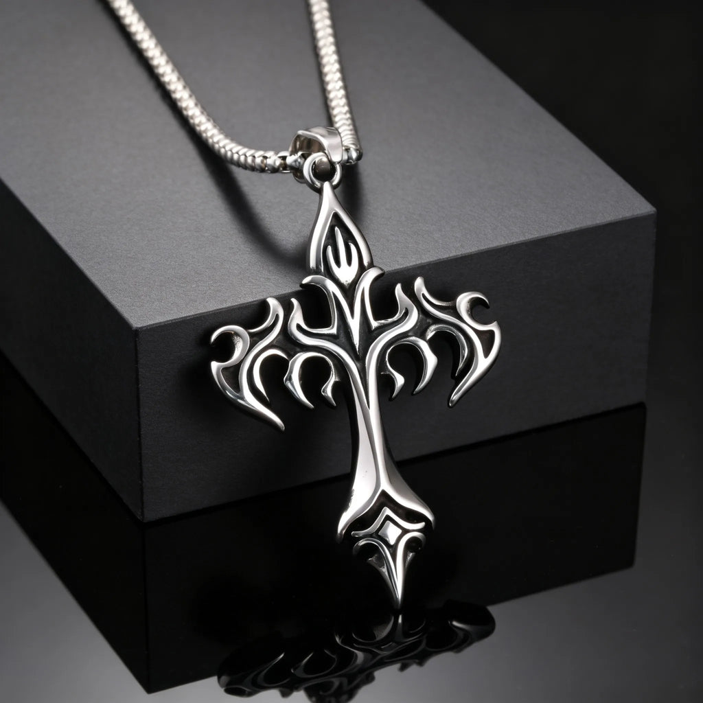 Gothic Hip Hop Flame Cross Pendant Necklace for Men, Silver Color Stainless Steel Non-fading Necklace,Waterproof