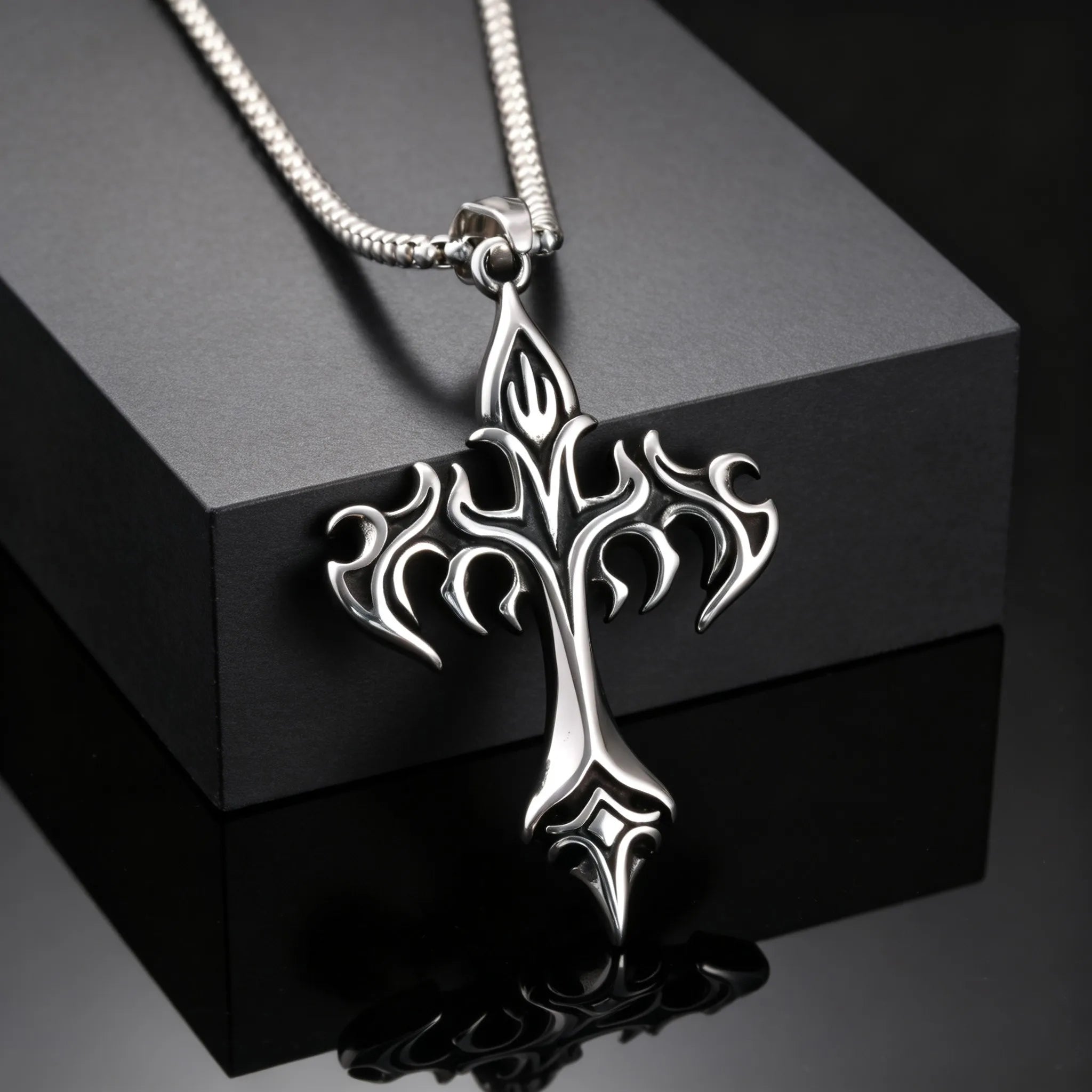 Gothic Hip Hop Flame Cross Pendant Necklace for Men, Silver Color Stainless Steel Non-fading Necklace,Waterproof