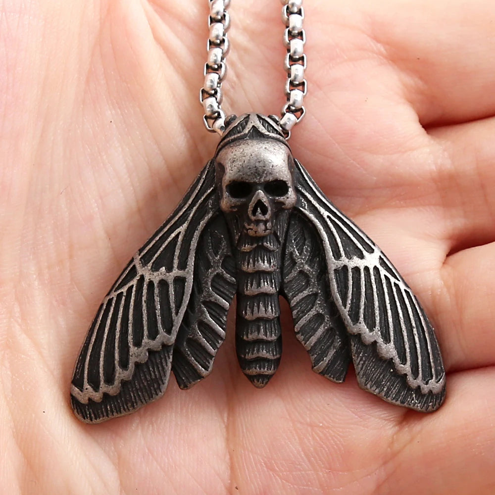 New Unique Vintage Stainless Steel Butterfly Moth Pendant Necklace For Men Punk Death Head Skull Necklaces Amulet