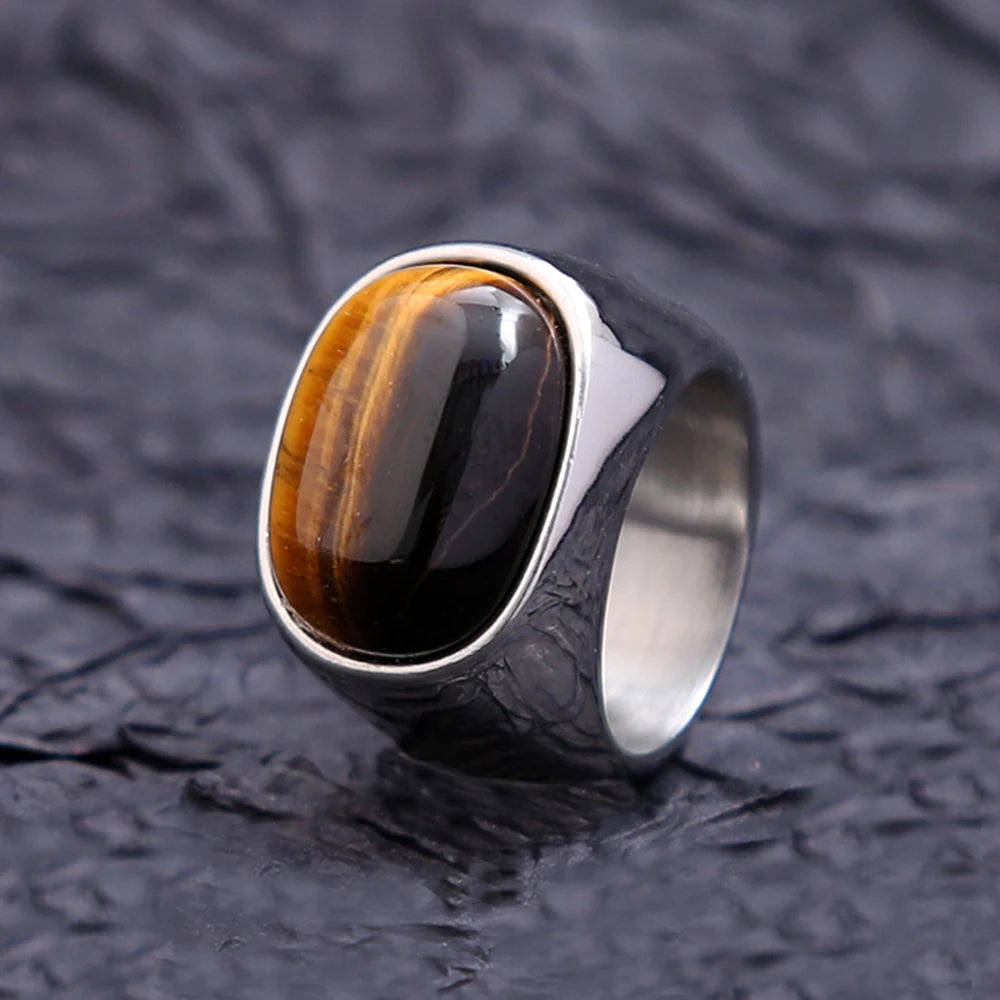 Simple Vintage Tiger Eye Brown Stone Rings For Men Women Stainless Steel Punk Biker Fashion Party Jewelry Gifts Dropshipping