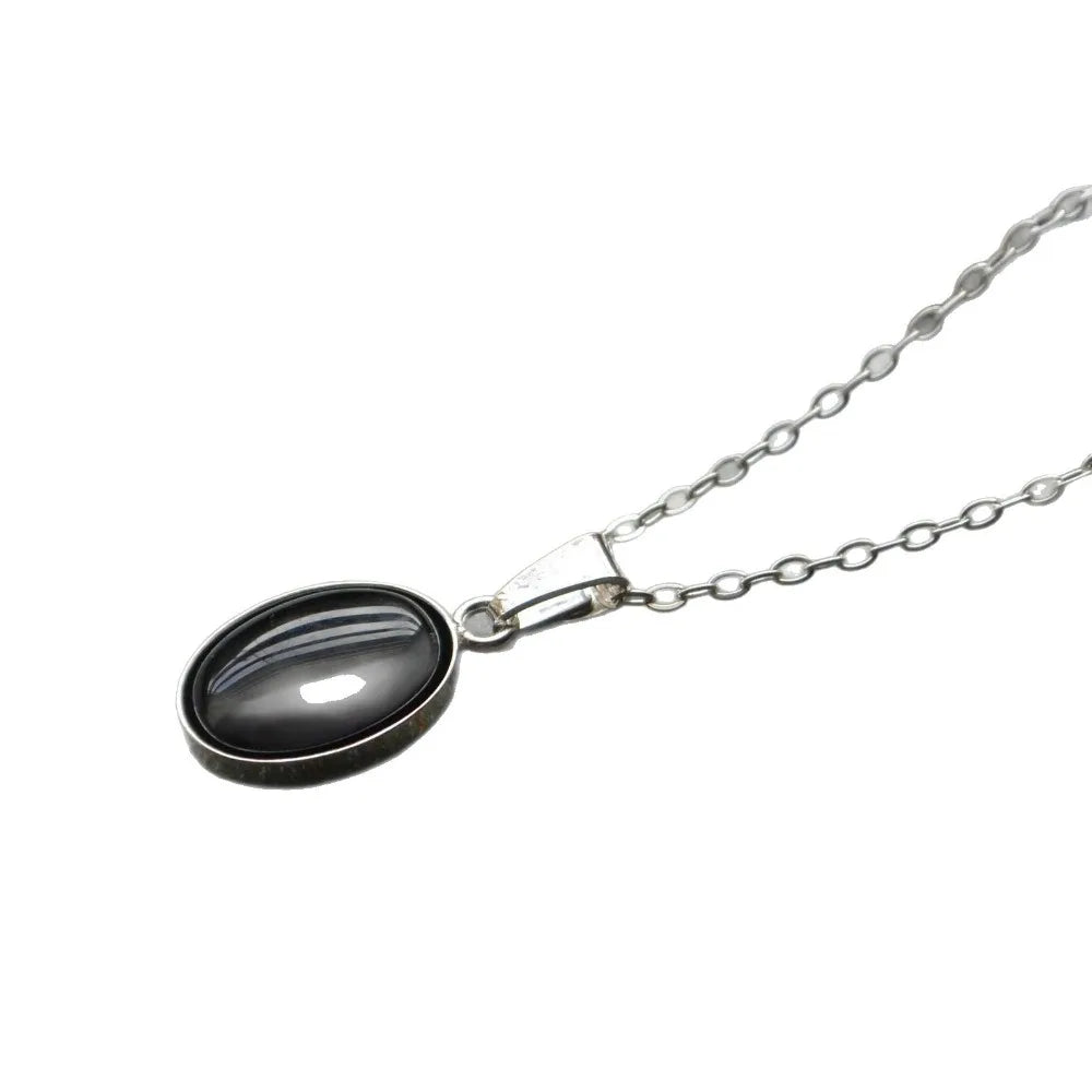 Retro Minimalism Stainless Steel Egg Oval Purple Black Onyx Pendant Necklace for Women Sliver Color Collar Chain