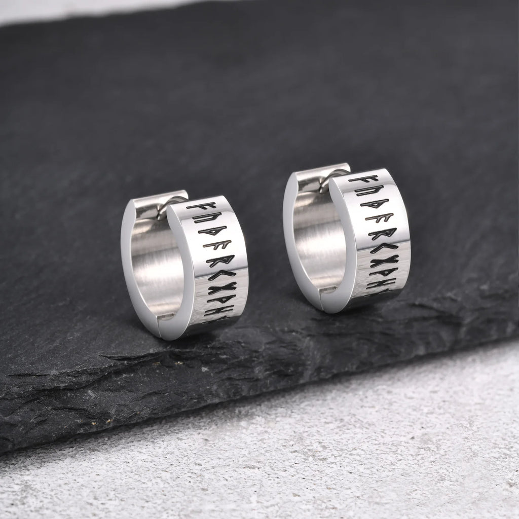 Norse Viking Rune Huggie Hoop Earrings — Two-Tone Steel