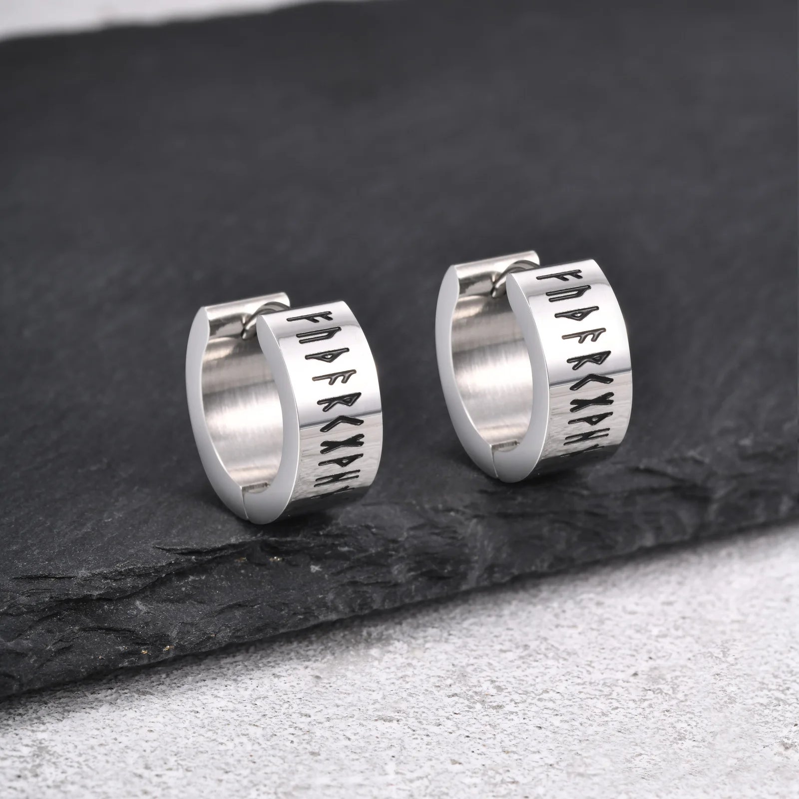 Norse Viking Rune Huggie Hoop Earrings — Two-Tone Steel