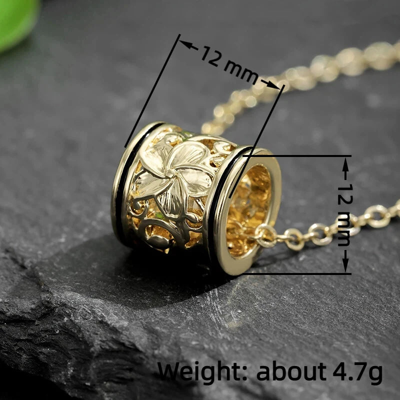 Huitan Hollow Carved Flower Barrel Pendant Necklace for Women Black Enamel Edge Cylinder Bead Vintage Floral Female