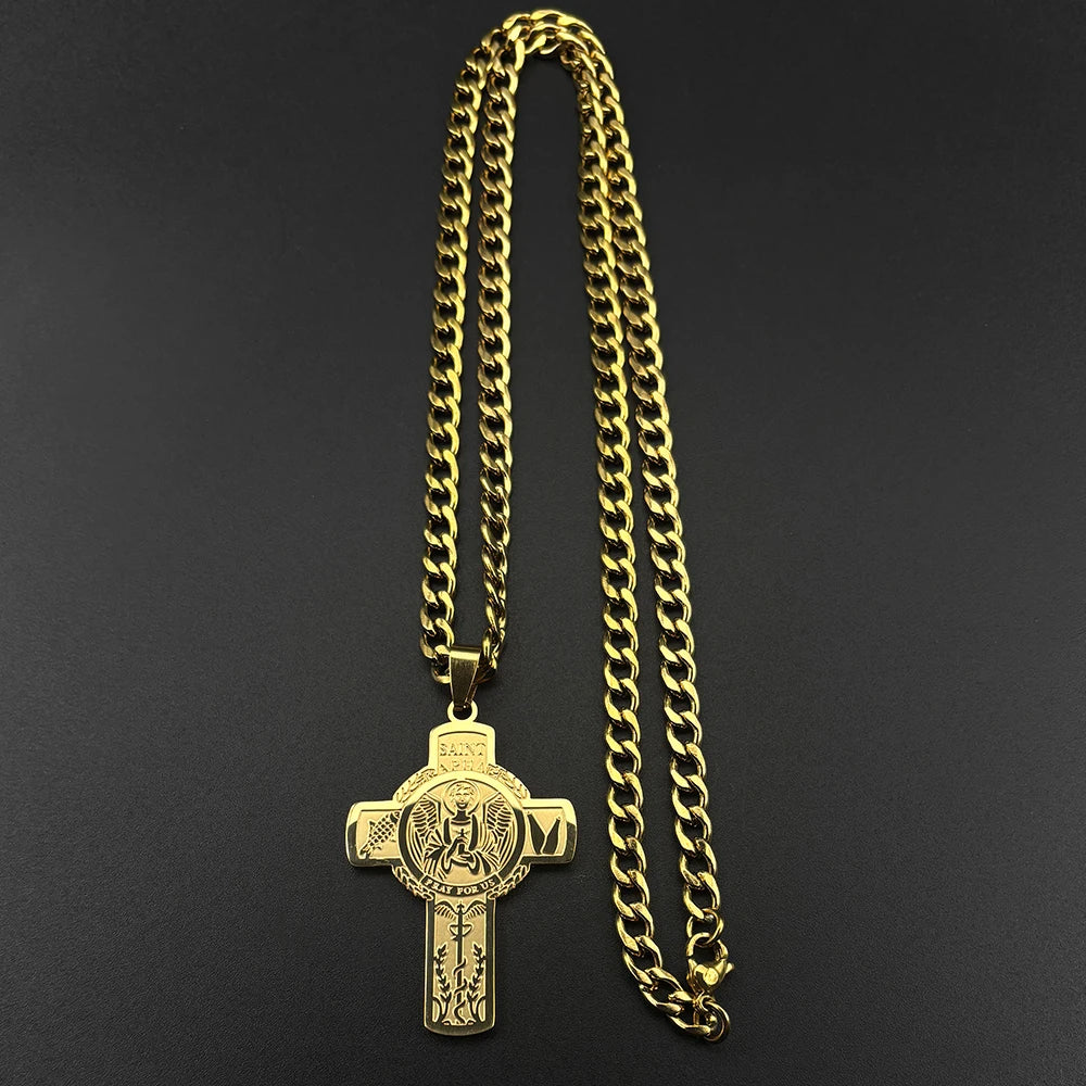 Stainless Steel Christian Saint Raphael Pray for Us Cross Pendant Necklaces Women Men Gold Color Chain Necklace Jewelry