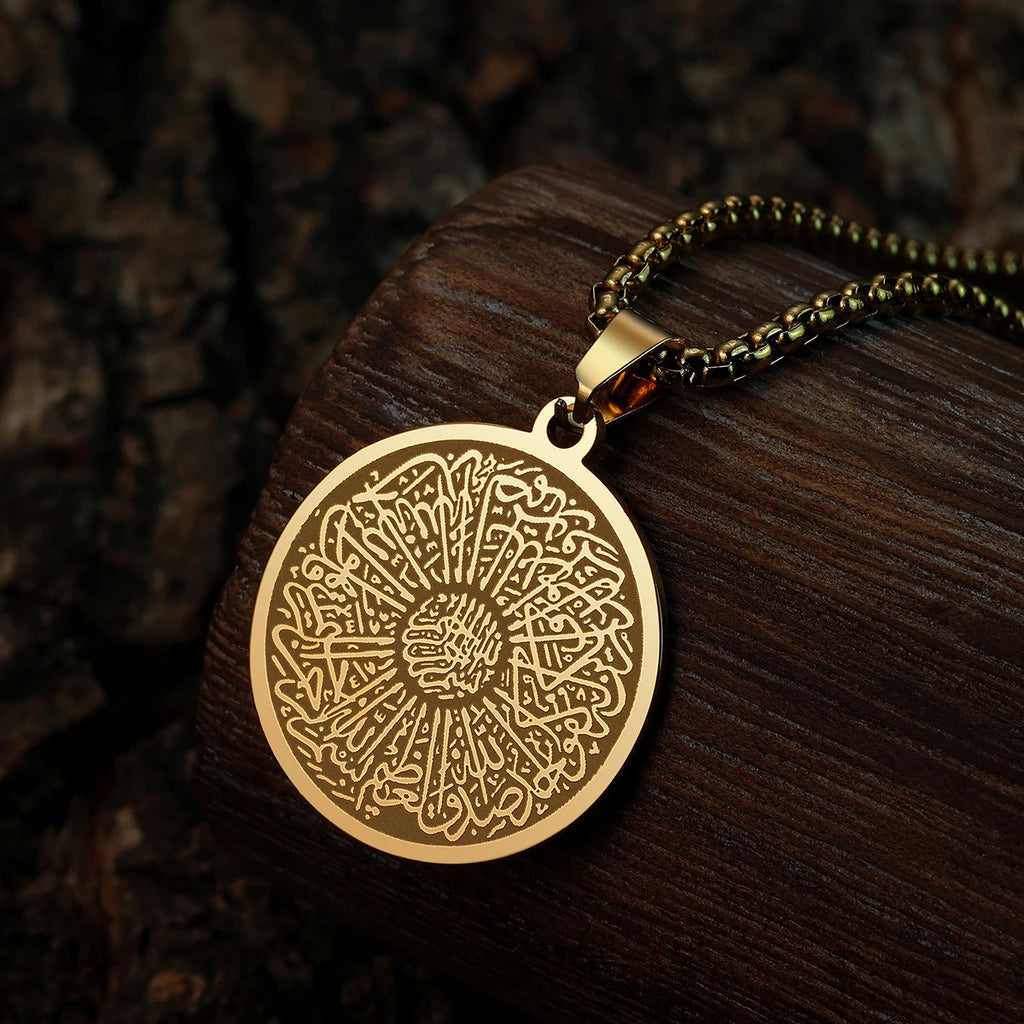 Men Punk Necklace Surah Ikhlas Dua fo Evil Eye Double-Sided Stainless Steel Jewelry Choker Pendant Thick Chains Hip Hop Jewellry