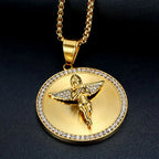 Iced Out Big Angel Round Pendant Necklace — Gold, Stainless Steel