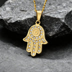 The Hand of Fatima Zircon Necklace for Men,Gold Color Evil Eye Stainless Steel Pendant,Turkish Jewelry Gift
