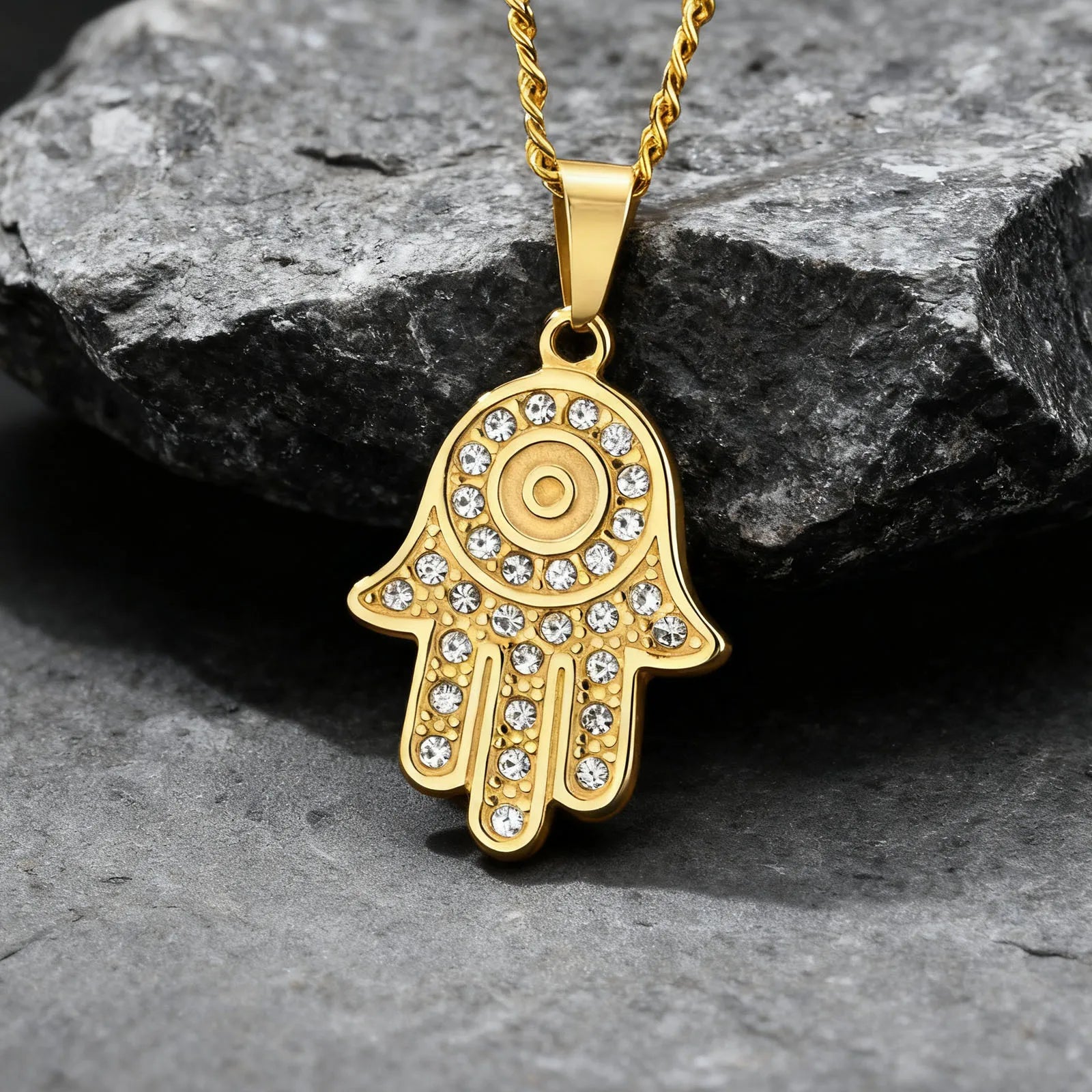 The Hand of Fatima Zircon Necklace for Men,Gold Color Evil Eye Stainless Steel Pendant,Turkish Jewelry Gift