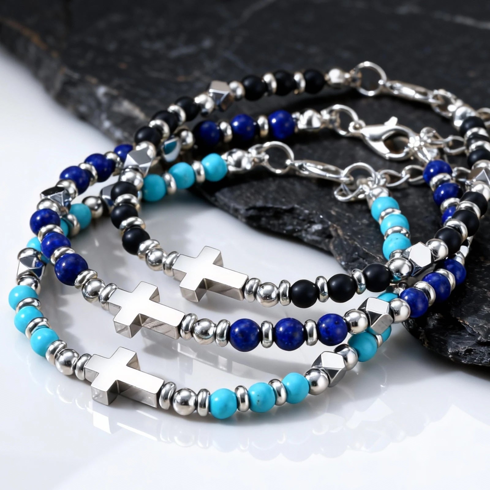 Cross Charm Stone Beaded Bracelet
