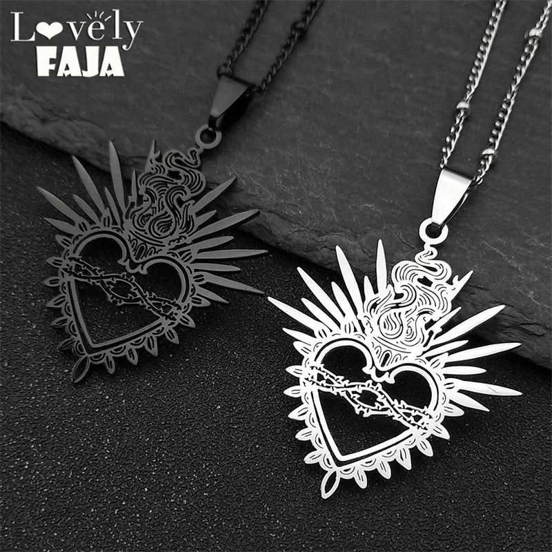 Sacred Heart Enamel Pendant — Black Stainless