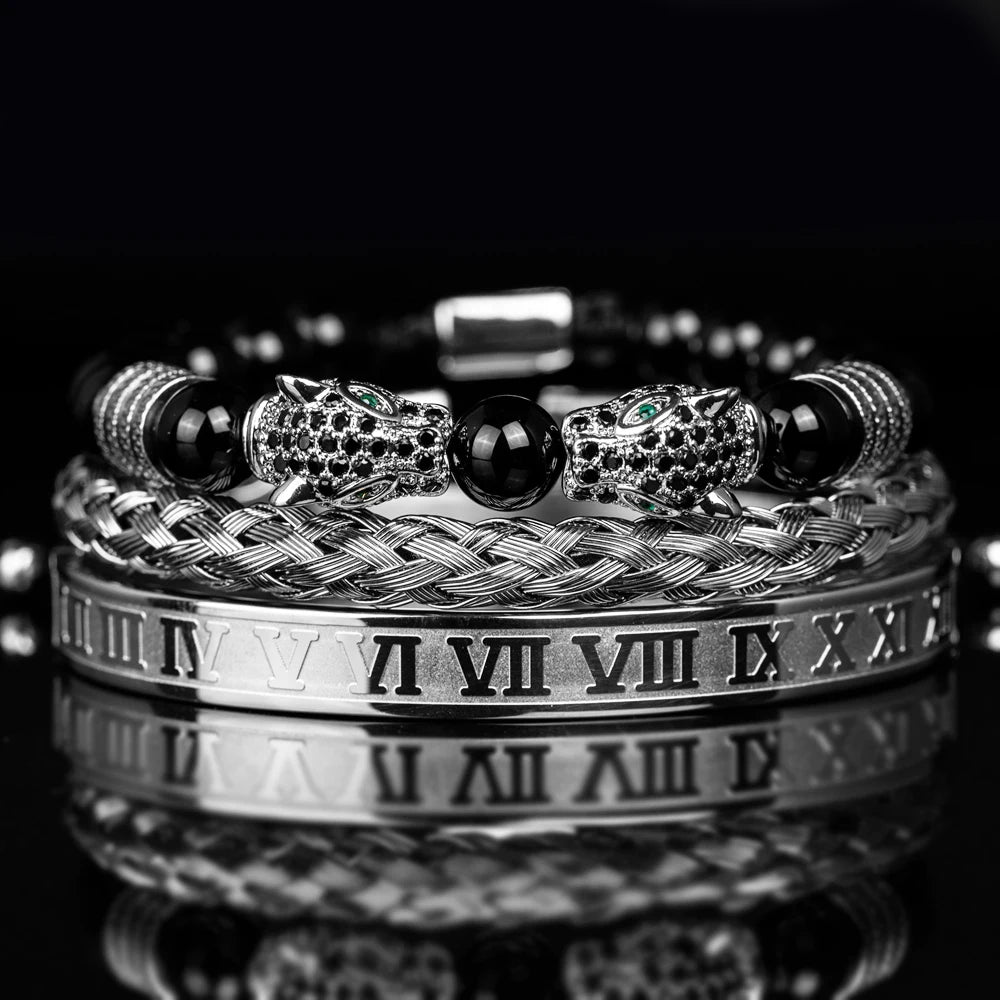 3PCS Mens Premium Black Agate Beaded Bracelet Set - Double Leopard Head, Roman Numerals, Adjustable Braided Design