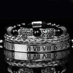 3PCS Mens Premium Black Agate Beaded Bracelet Set - Double Leopard Head, Roman Numerals, Adjustable Braided Design