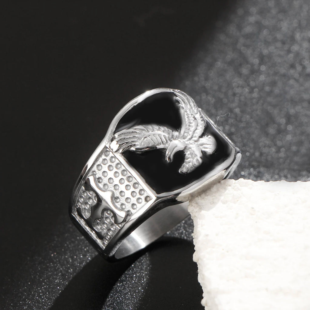 Black Enamel Eagle Signet Ring Closed Band — Stainless Steel