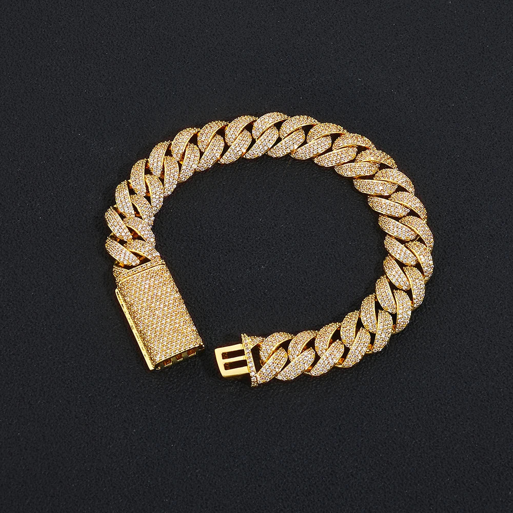 NY 13mm 3 Rows of Fashion Cuban Link Bracelet Iced Out Brass CZ Miami Rectangular Buckle Design Hip Hop Men Jewelry