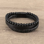 Vintage Punk Hand Woven Three Layer Leather Black Beaded Bracelet Magnetic Bracelet Clasp Men\\'s Charm Business Event Jewelry