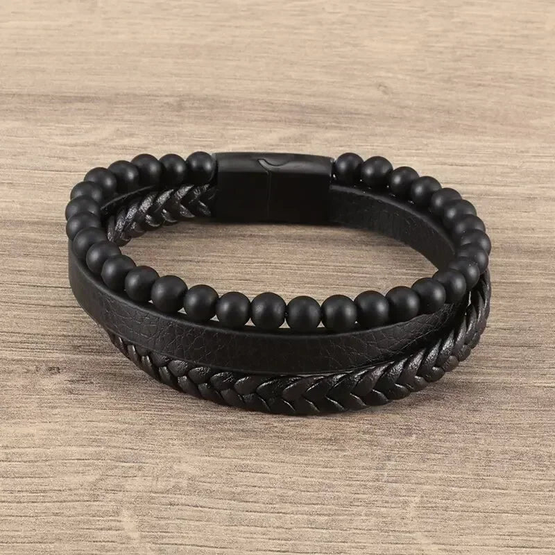 Vintage Punk Hand Woven Three Layer Leather Black Beaded Bracelet Magnetic Bracelet Clasp Men\\'s Charm Business Event Jewelry