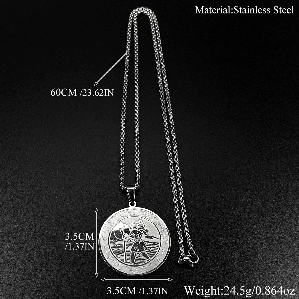 Catholic Saint Christopher Protect Us Round Pendant Necklace for Women Men Stainless Steel Gold Color Amulet Chain