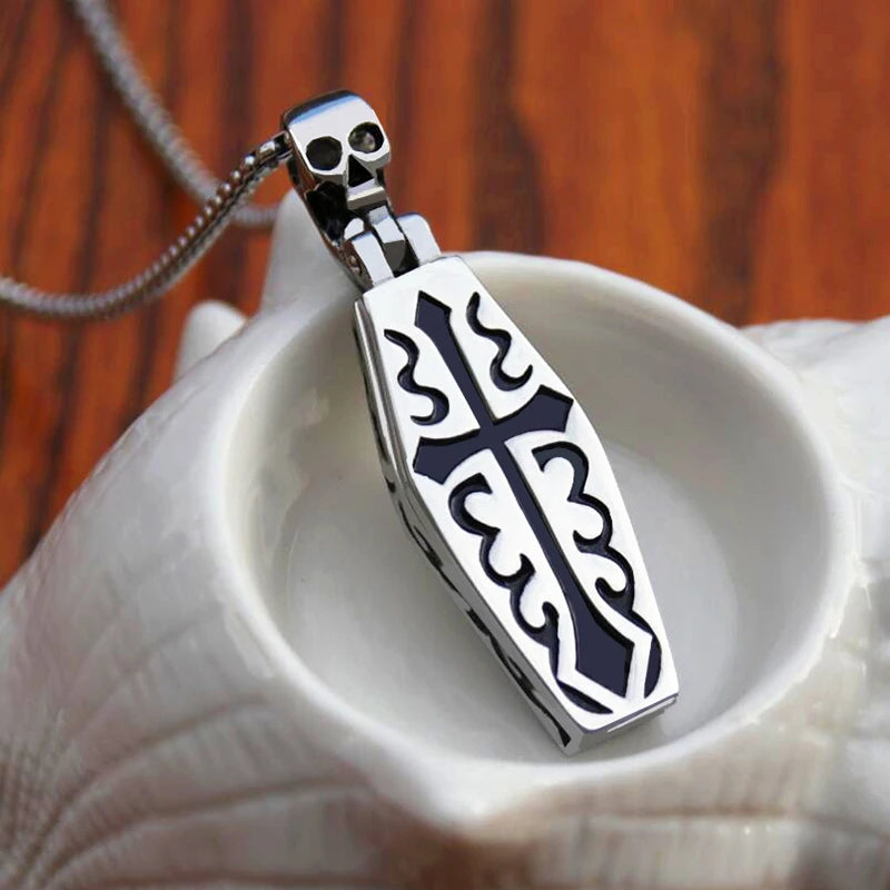 Silver Skull Coffin Pendant Necklace Box Chain