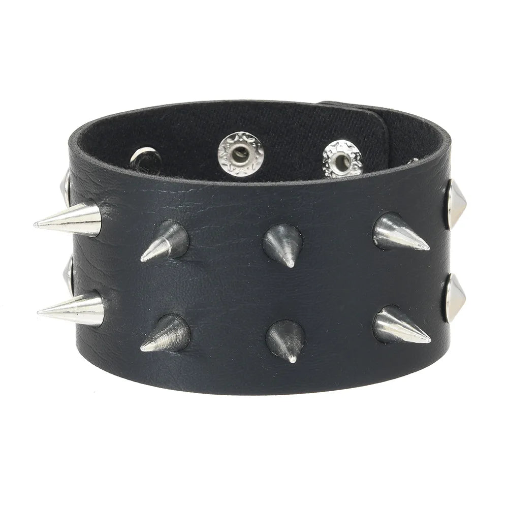 Gothic Spike Stud Leather Cuff Bracelet — Two-Tone