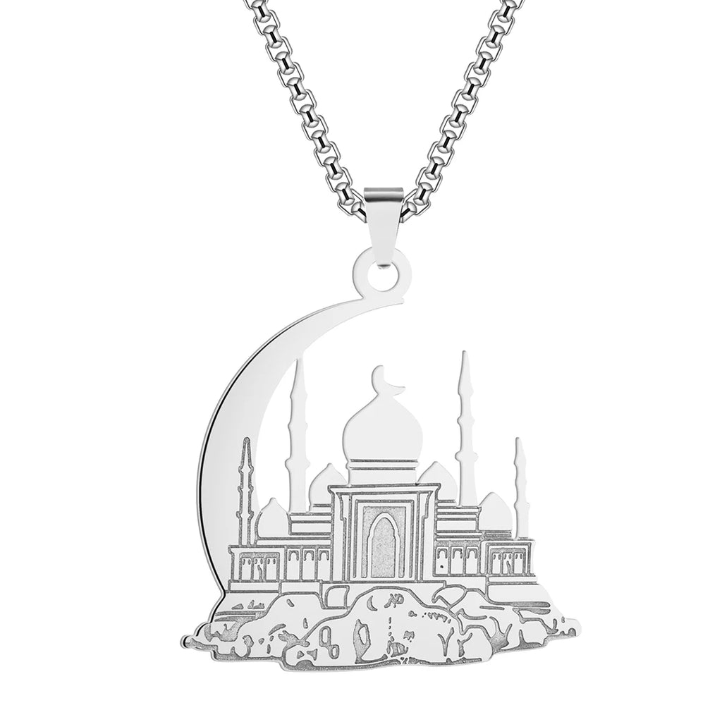 Islamic Mosque Crescent Moon Pendant Necklace — Stainless Steel