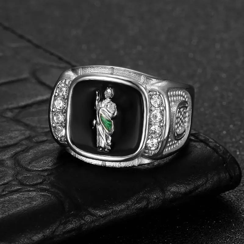 1pc, 316L stainless steel jewelry, St. Jude ring,with rhinestone green enamel, street party, daily wear, men's women's