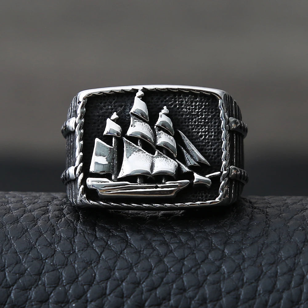 Vintage Viking Pirate Sailboat Ring Men Biker Ring Stainless Steel Viking Ring Sailor Lucky Amulet Jewelry Gift Size 7-15