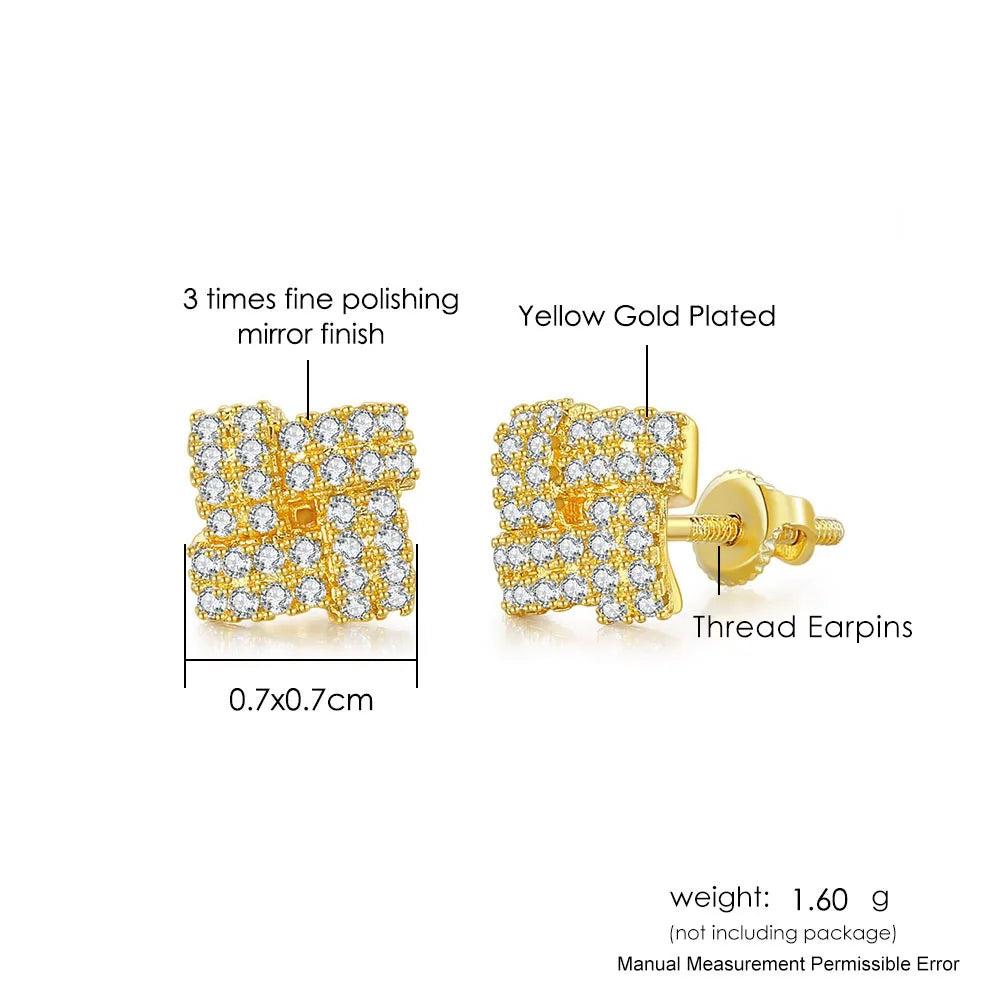 Iced Out Round Square Stud Earrings — Gold