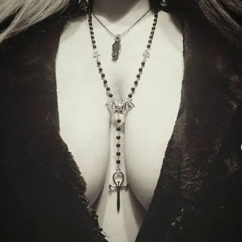 Emo Vampire Ankh Rosary Occult Vamp BeEmo Vampire Ankh Rosary Occult Vamp Bead Necklace Goth Punk Bat Cross Pendant