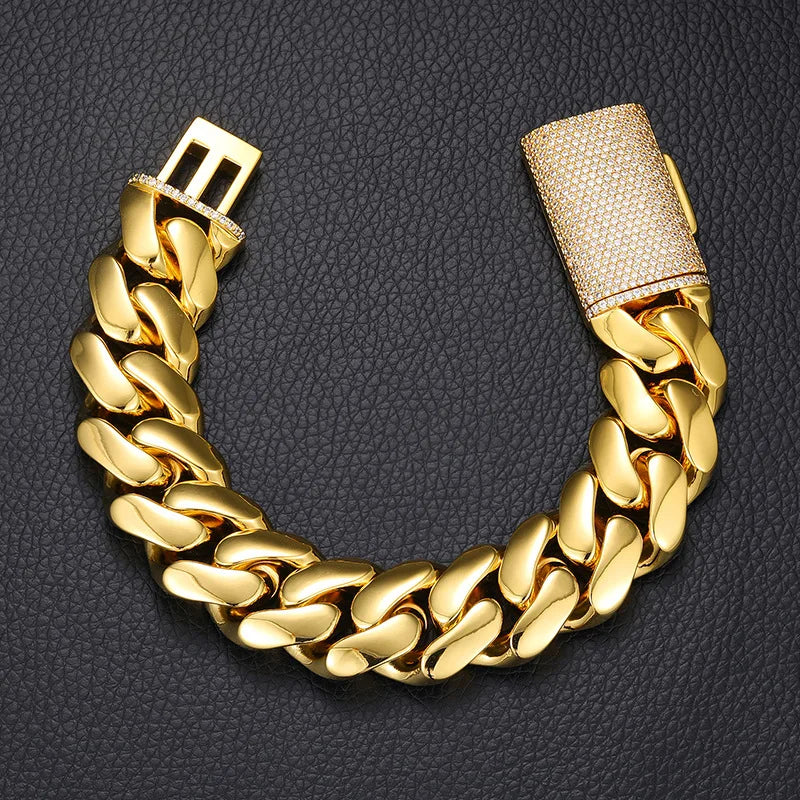 Luxury 24K 9999 Pure Gold real gold 10MM 12MM Width Large Cuban Chain Bracelet Inlaid Full Diamond Bracelet