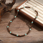 Wooden Coconut Shell Turquoise Bead Necklace — Two-Tone