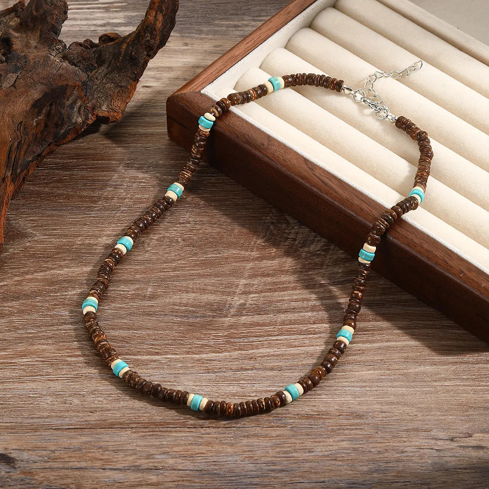 Wooden Coconut Shell Turquoise Bead Necklace — Two-Tone