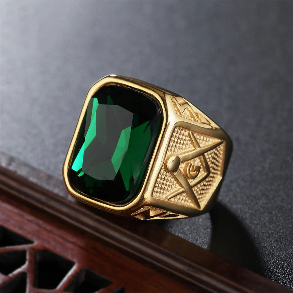 Square Stone Masonic Ring — Stainless Steel