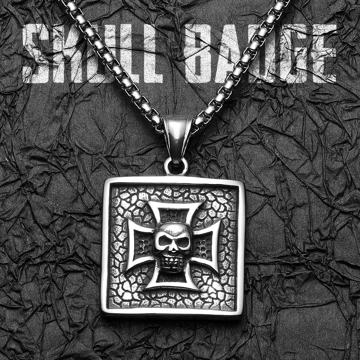 Cross Skull Badge Pendant Necklace Stainless Steel