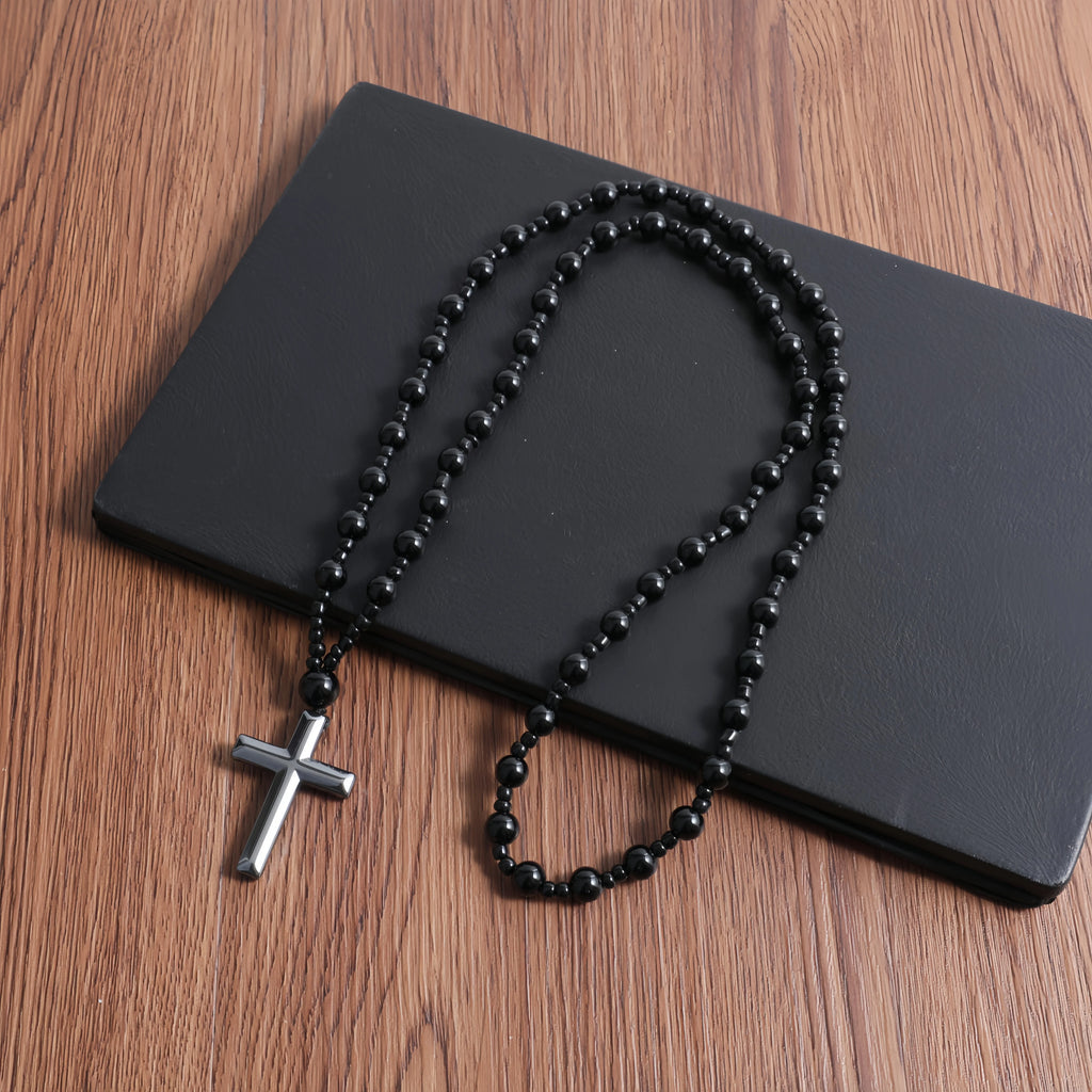Black Hematite Bead Cross Pendant Necklace — Black-Tone