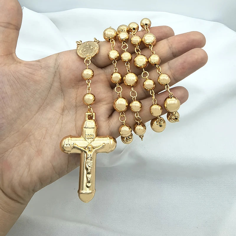 Rosary Cross Pendant Necklace Long Link Chain 90cm — Gold-Tone
